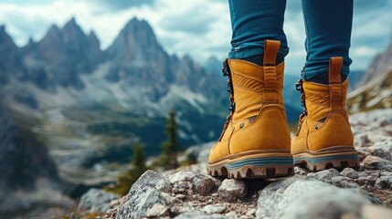 A close-up of hiking boots on a rocky trail with a panoramic view of mountains and sky.