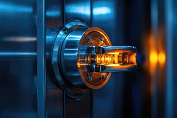 Sticker - Close-up of a metal latch with an orange glow. This photo is perfect for showcasing the intricate details of industrial equipment.