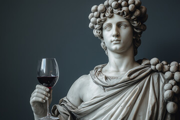 Wall Mural - Sculpture of antique statue of a man with wine glass in hand on gray background with copy space