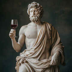 Wall Mural - Sculpture of antique statue of a man with wine glass in hand on gray background with copy space