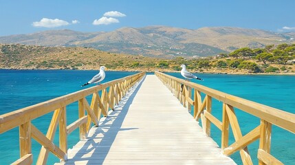   Two seagulls perch atop a wooden bridge spanning a body of water before towering mountains