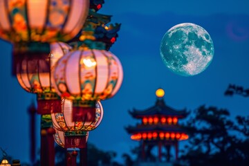 Wall Mural - A serene landscape of the full moon shining brightly over a decorative lantern display