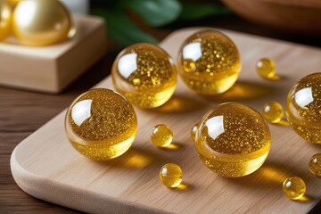 Wall Mural - Opalescent Golden Gel Spheres for Advanced Skincare and Wellness Solutions