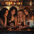 © kora studio - four girls party at the bar having drinks and looking in their phones