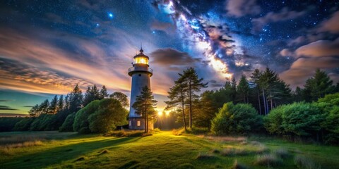 Lighthouse Guiding Under the Milky Way, Night Sky, Starry Night, Nature Photography