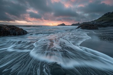 Poster - A tranquil beach at sunset with soft waves crashing on the shore