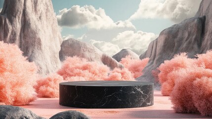 Poster - Abstract landscape featuring a pedestal for product showcasing rendered in 3D