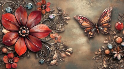 Poster - Abstract illustration featuring flowers butterflies and gemstones on a decorative background