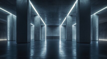 Poster - Dark abstract concrete room with smooth surfaces Architectural background featuring illuminated elements in a nighttime setting 3D illustration and rendering