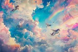A whimsical and playful dreamscape with flying unicorns and rainbow skies