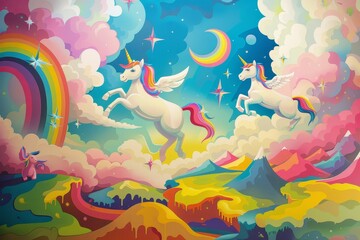 Aufkleber - A whimsical and playful dreamscape with flying unicorns and rainbow skies
