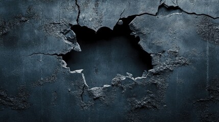 Poster - Dark cracked and broken hole in a concrete wall featuring a grunge texture 3D rendered illustration