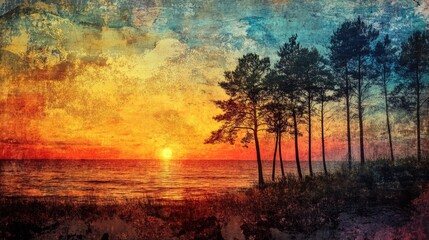 Poster - Abstract landscape featuring a sunset over the sea with trees blended with colorful textures and grunge spots in a digital collage