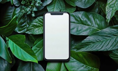 smartphone mockup on green leaves background