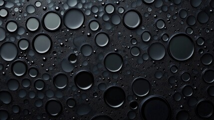 Poster - Chaotic arrangement of circular and oval oil droplets on a water surface creating a dark macro abstract background