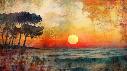 Poster - Abstract landscape featuring a sunset over the sea with trees blended with colorful textures and grunge spots in a digital collage
