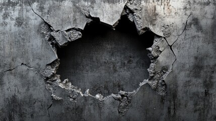 Poster - Dark cracked and broken hole in a concrete wall featuring a grunge texture 3D rendered illustration