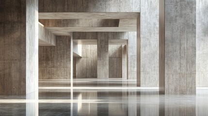 Poster - Abstract interior showcasing concrete elements featuring an architectural background in 3D illustration and rendering