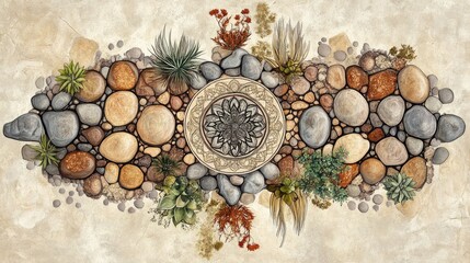 Poster - Abstract ornamental drawing featuring a modified spread of rocks and low plants showcasing six symmetrical designs in natural tones