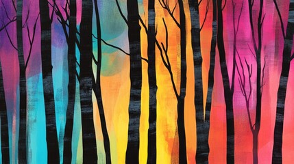 Poster - Abstract silhouette of birch trees set against a vibrant colored background