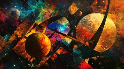 Poster - artistic multicolored abstraction of geometric virtual space featuring elements like planets galaxie