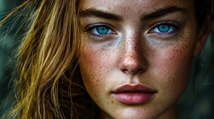 Wall Mural - Close-up portrait of a woman with blue eyes and freckles