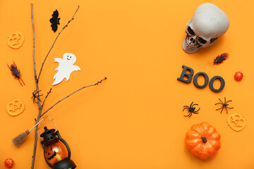 Wall Mural - Composition with different decorations for Halloween celebration on orange background