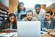 © SensSai/peopleimages.com - Education, students and laptop in university library for research project, learning and assignment teamwork. Diversity study group, books and people with brainstorming at college for test preparation