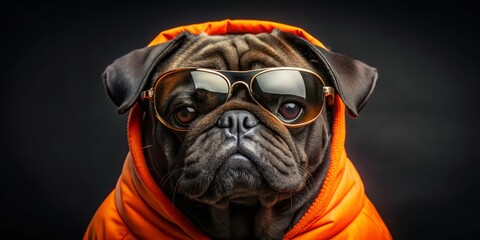 Pug in Orange Hoodie with Sunglasses, Dog, Pet, Sunglasses, Portrait