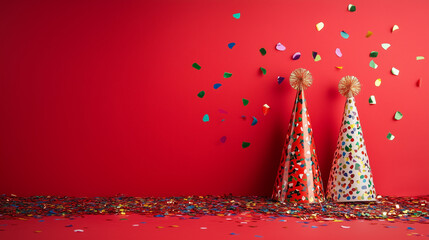 Colorful Party Hats with Confetti on Red Background with Copy Space