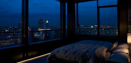 Wall Mural - A dark, gloomy penthouse bedroom at night, with a view of the city skyline visible from the bed. The atmosphere is moody and quiet, capturing the serene yet mysterious vibe of an urban nightscape.