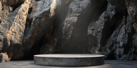Poster - Rocky backdrop featuring an empty podium designed for product display This is a 3D rendered illustration