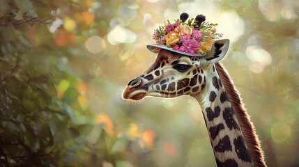 Sticker -   Giraffe in a hat with flowers, close-up against trees