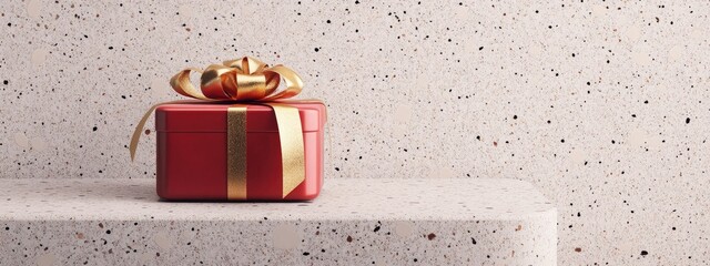 Aufkleber - Minimalist product display for festive occasions featuring a red gift box adorned with a golden ribbon on a terrazzo podium 3D render illustration Clipping path for each element included
