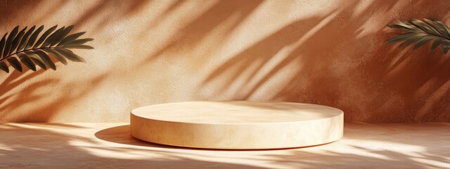 Poster - Minimal podium on a brown background featuring leaf shadows ideal for product presentations 3D rendering illustration