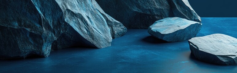 Leinwandbilder - Blue geometric stone and rock shape background minimalist mockup for display or showcase 3D rendering