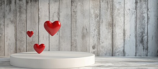 Poster - White Podium with Valentine s Day Love Theme Featuring Red Heart Against a Wooden Wall Background for Product Display and Copy Space 3D Rendering