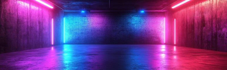 Aufkleber - Neon Laser Purple Blue Retro Brick Walls Grunge Concrete Dance Stage Underground Room Illuminated Empty Performance Background 3D Rendering Illustration