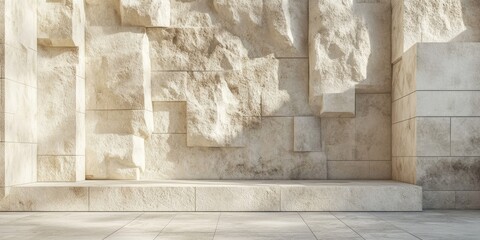 Aufkleber - Beige stone wall pieces and slabs for use as a product display background 3D illustration