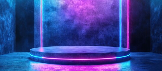 Poster - Modern Grunge Cyberpunk Stage with Empty Product Display Featuring Glossy Concrete Background and Deep Blue Vibrant Podium Lights 3D Rendered Illustration