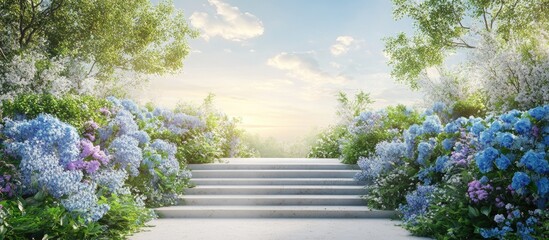 Aufkleber - Natural beauty podium backdrop featuring a landscape filled with spring blue flowers 3D rendering