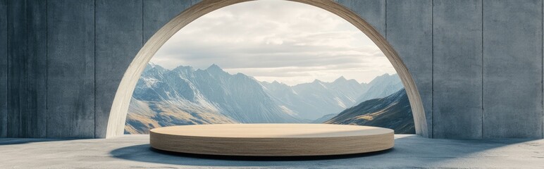 Aufkleber - Grey wall with concrete arch in a 3D rendered empty scene featuring a wooden texture podium amidst a landscape