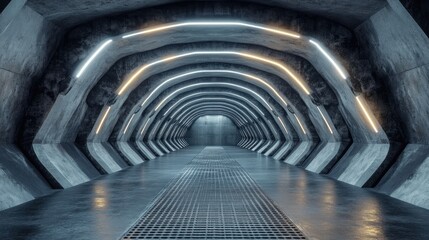 Poster - Futuristic Grunge Cement Asphalt Concrete Basement Hangar Parking Tunnel with a Metal Floor and Showroom Hallway Corridor in a Realistic 3D Rendering Illustration