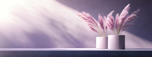 Poster - Round concrete display with a matte glass geometric vase featuring pampas grass set against a violet background Empty space 3D rendering Abstract modern art