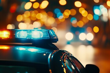 Flashing police lights on a police car at night on a blurred city street