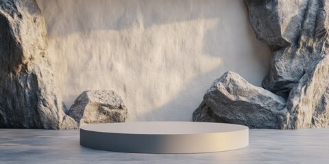 Poster - Rocky backdrop featuring an empty podium designed for product display This is a 3D rendered illustration