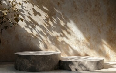 Poster - Stone display podium featuring natural leaf shadows against a brown backdrop 3D rendering