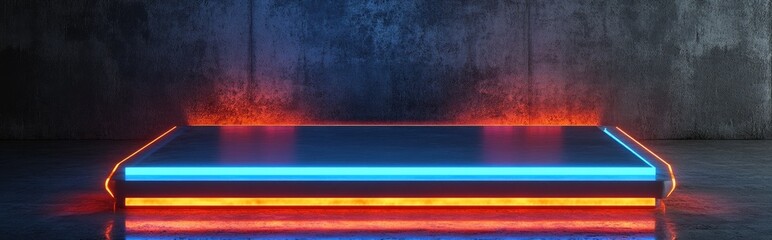 Aufkleber - Futuristic sci fi rectangular stage podium with neon laser lights in vibrant orange and blue set against a dark grunge concrete background in a 3D rendering