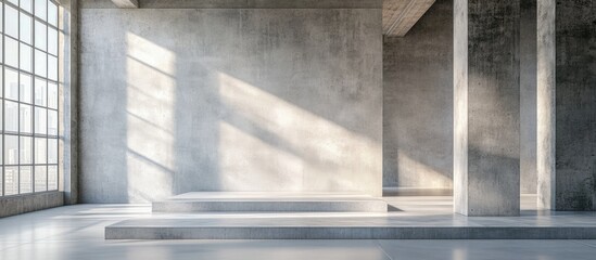 Poster - Industrial loft style showroom with podiums and concrete hall backdrop featuring a cement wall and warehouse architecture showcased in a 3D illustration