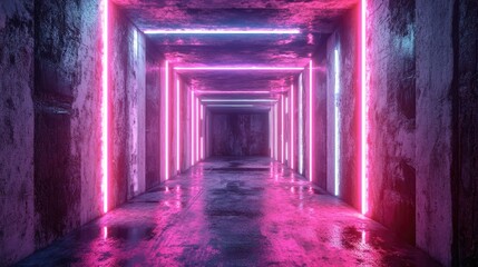 Poster - Vivid Neon Laser Cyberpunk Stage with Illuminated Tunnel Corridor in a Futuristic Dark Concrete Grunge Environment 3D Rendering Illustration